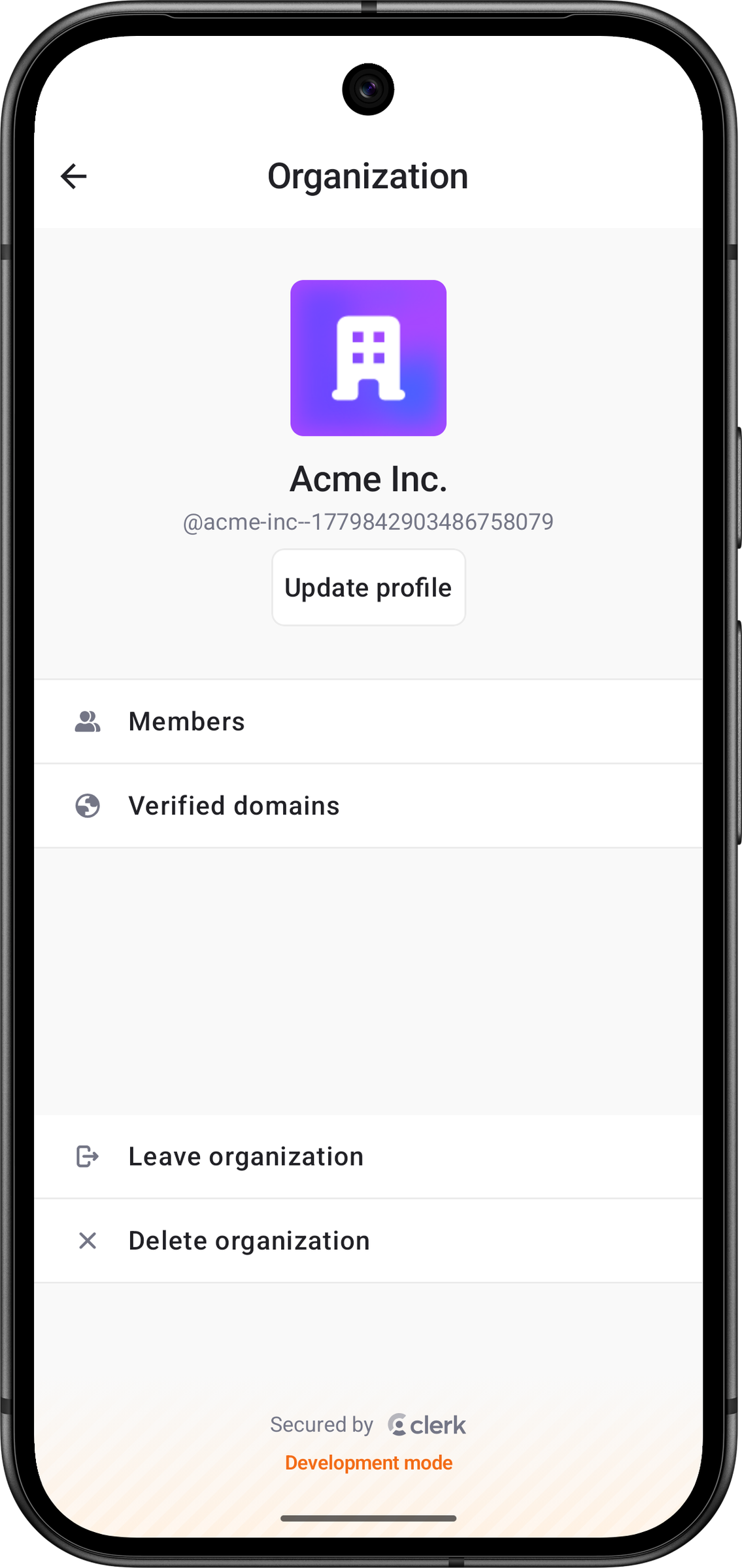 The OrganizationProfileView showing profile details, members, verified domains, and Organization actions.