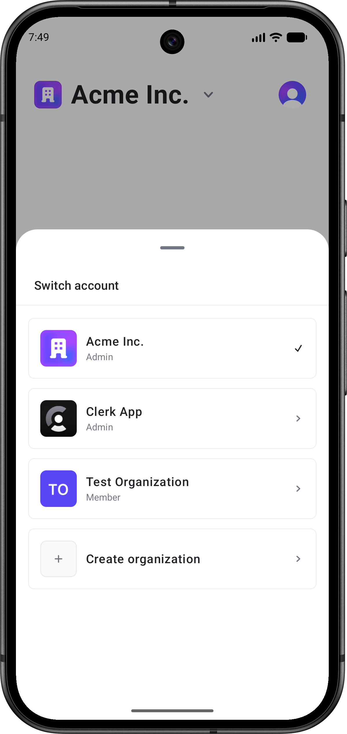 The OrganizationSwitcherSheet showing Organization account switching options.