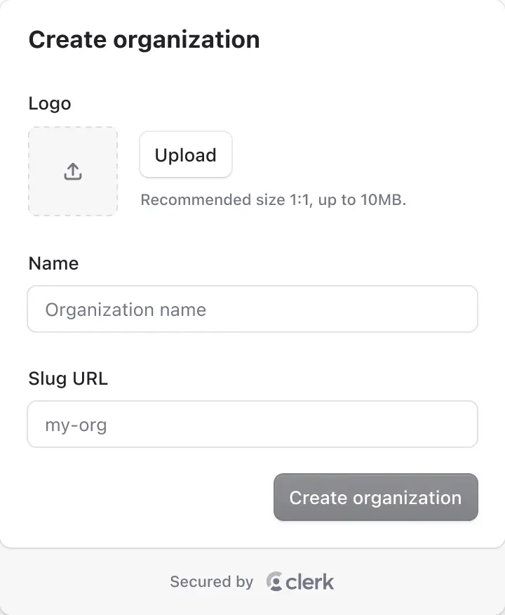 Browser create organization component with input fields for logo, name, and slug.