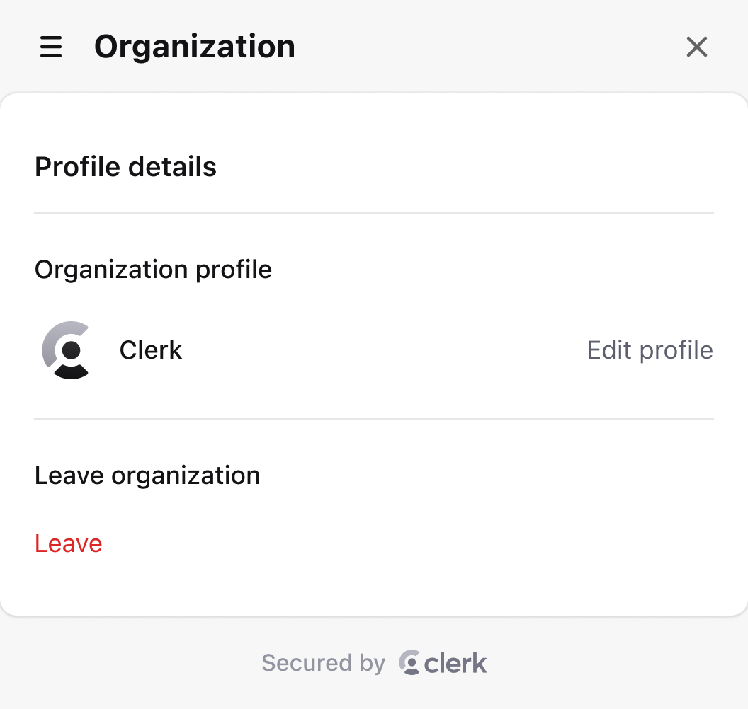 Browser organization profile component with options to manage the profile and member settings.