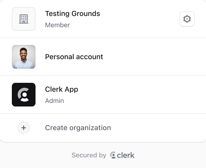 Organization and account overview screen for a Next.js application, showing user roles in various organizations, including options to create a new organization.