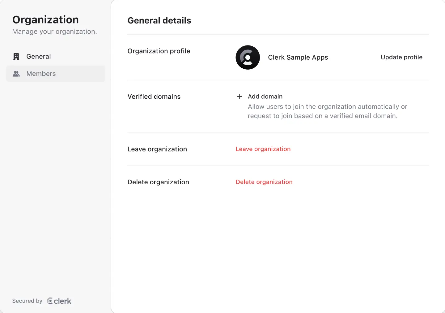 Browser organization profile component with options to manage the profile and member settings.