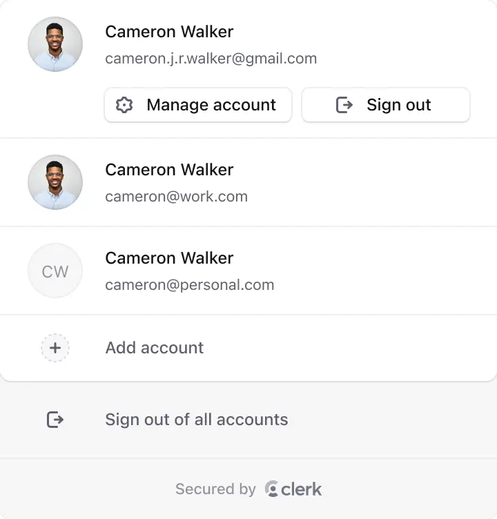 Browser user button component expanded to display account switcher, manage account, and sign out options.
