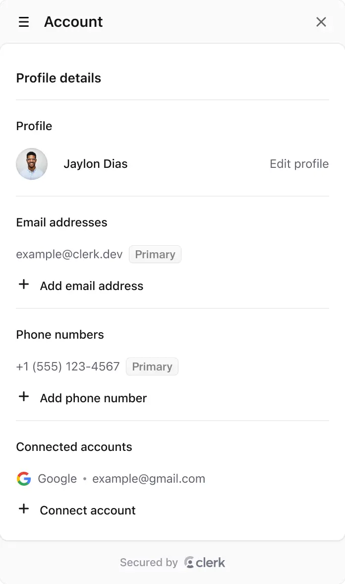 Browser user profile component with options to manage profile and security settings.