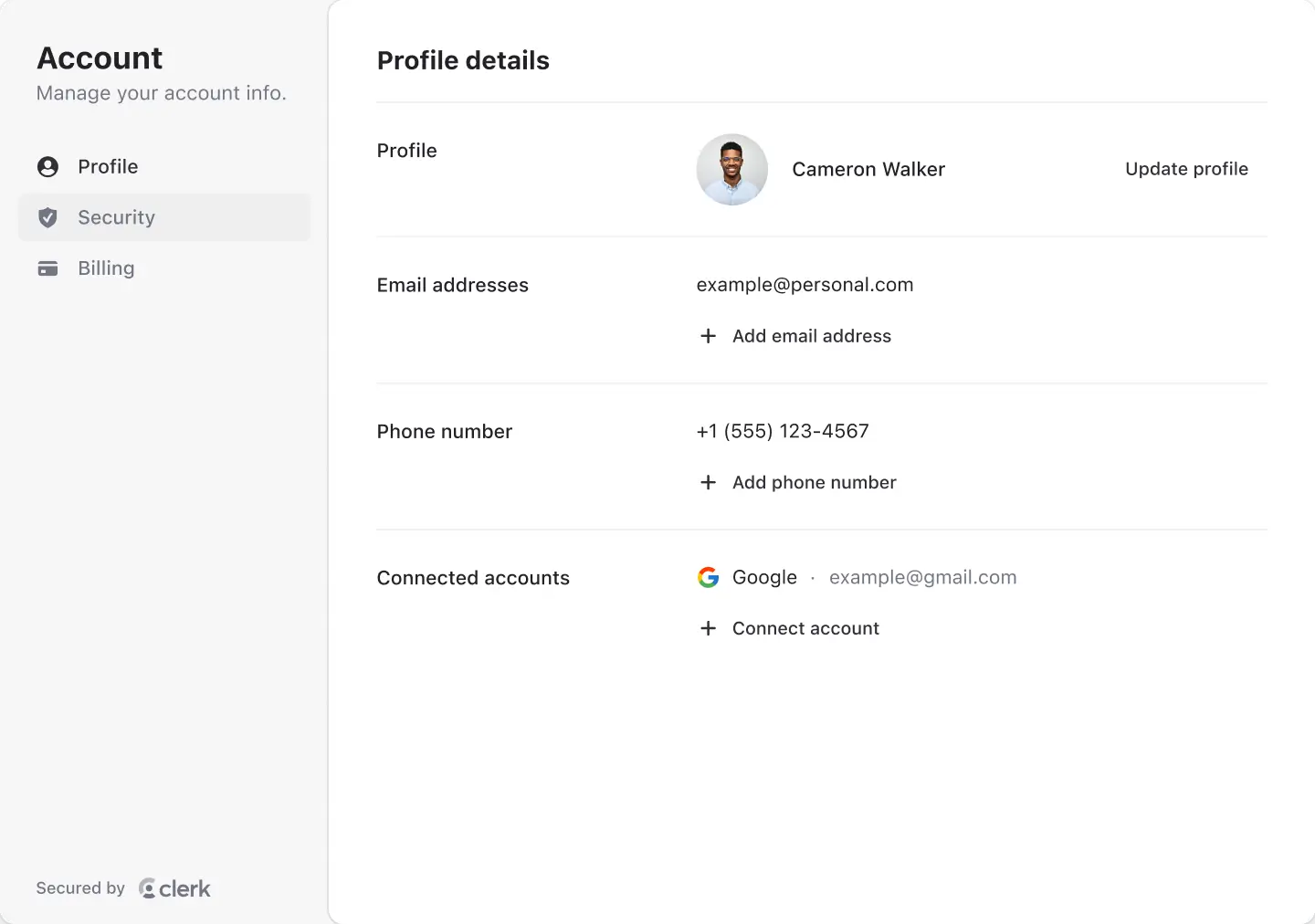 Browser user profile component with options to manage profile and security settings.