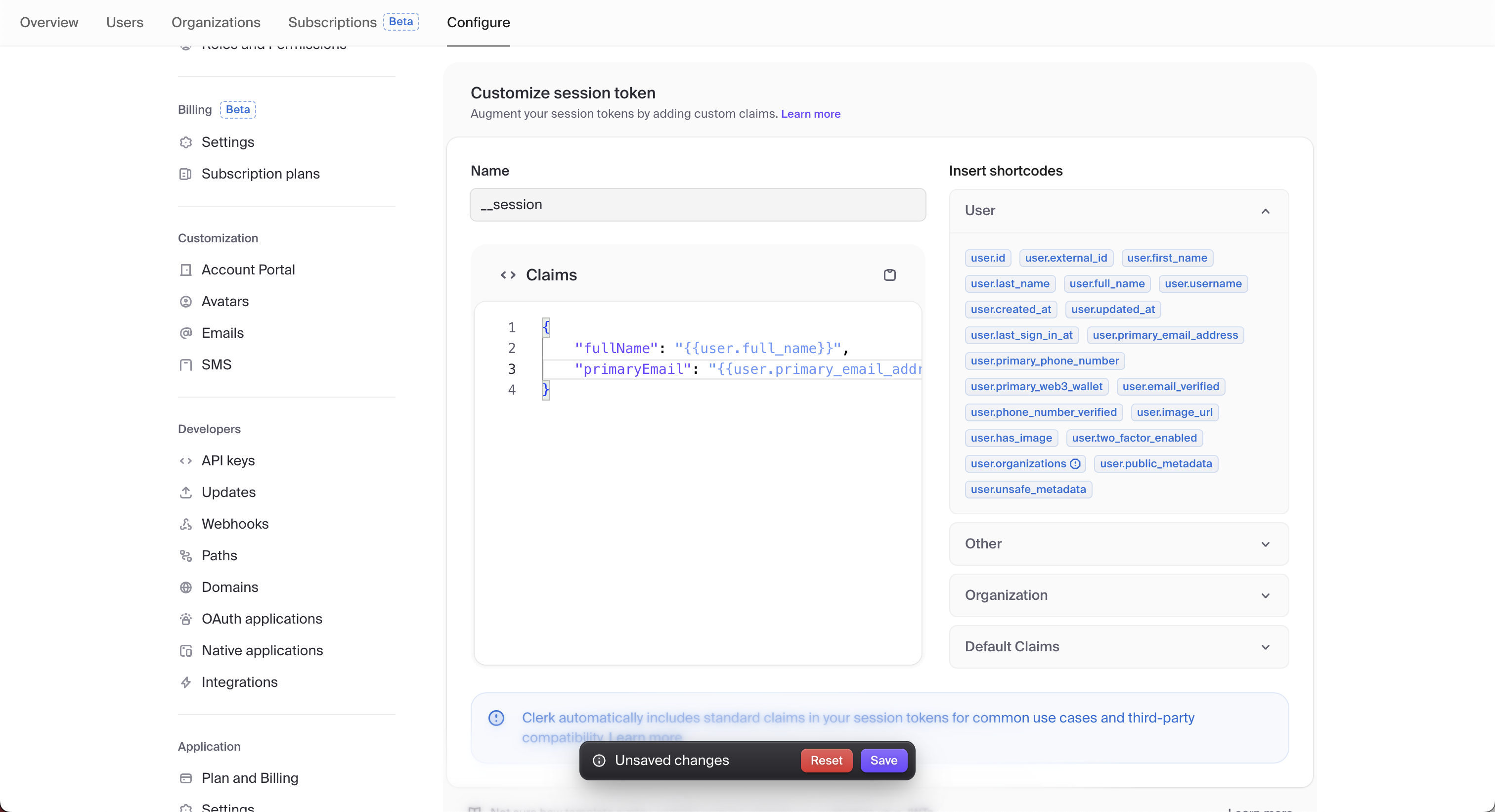 Browser Dashboard showing the custom claim modal
