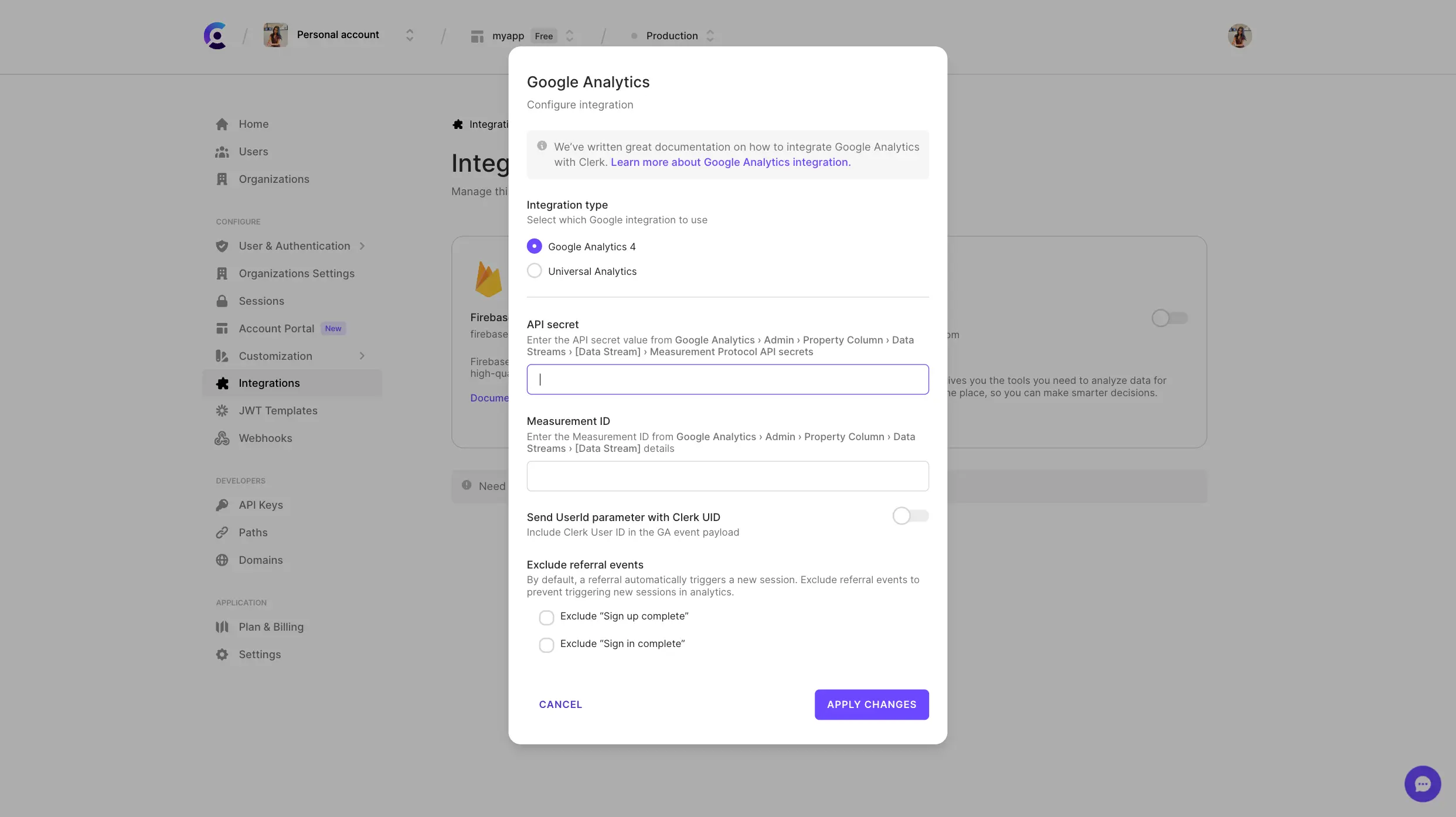 The Google Analytics configuration form in the Browser Dashboard.