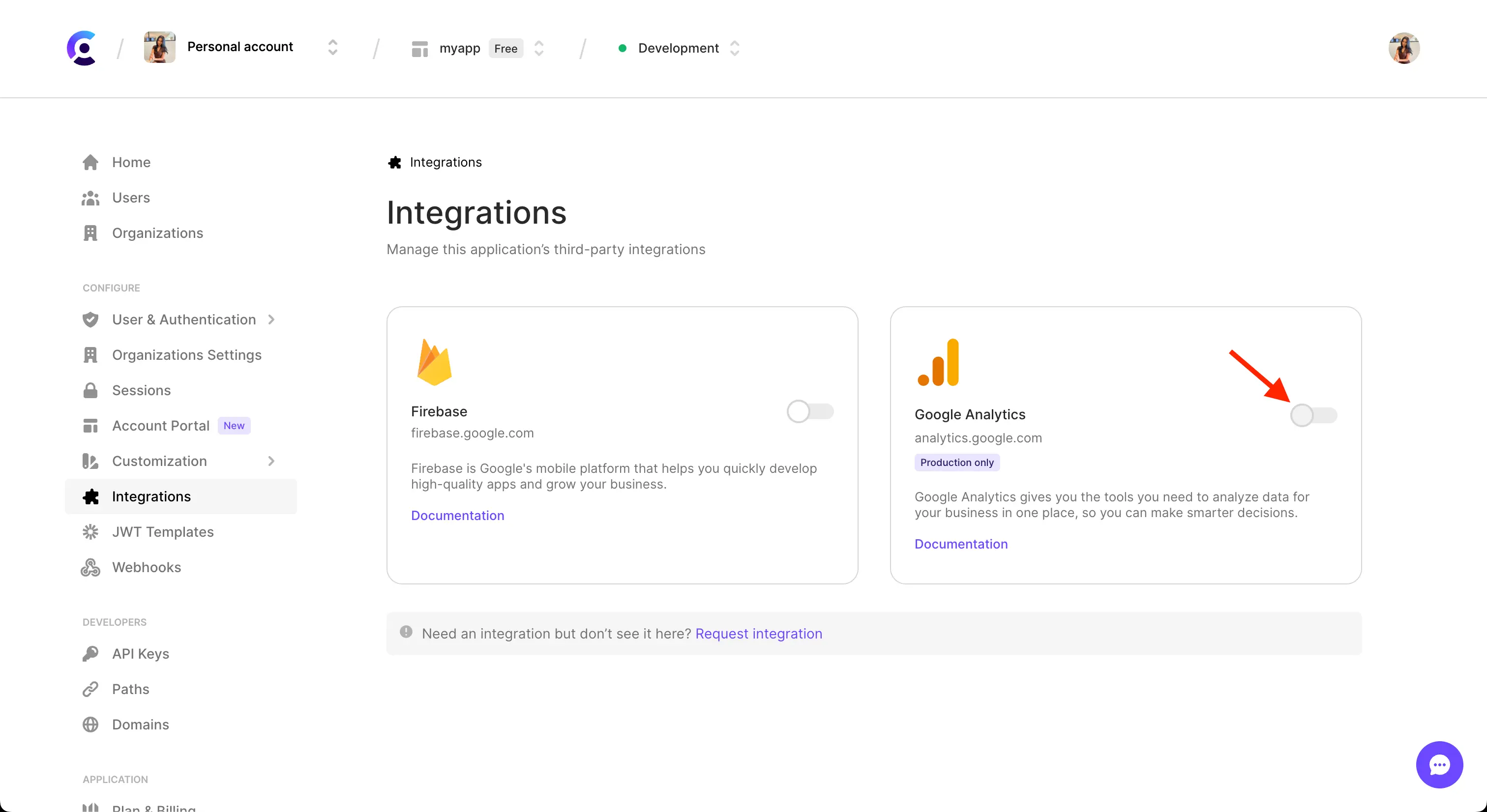 The Integrations page in the Browser Dashboard. A red arrow points to the toggle next to 'Google Analytics'.