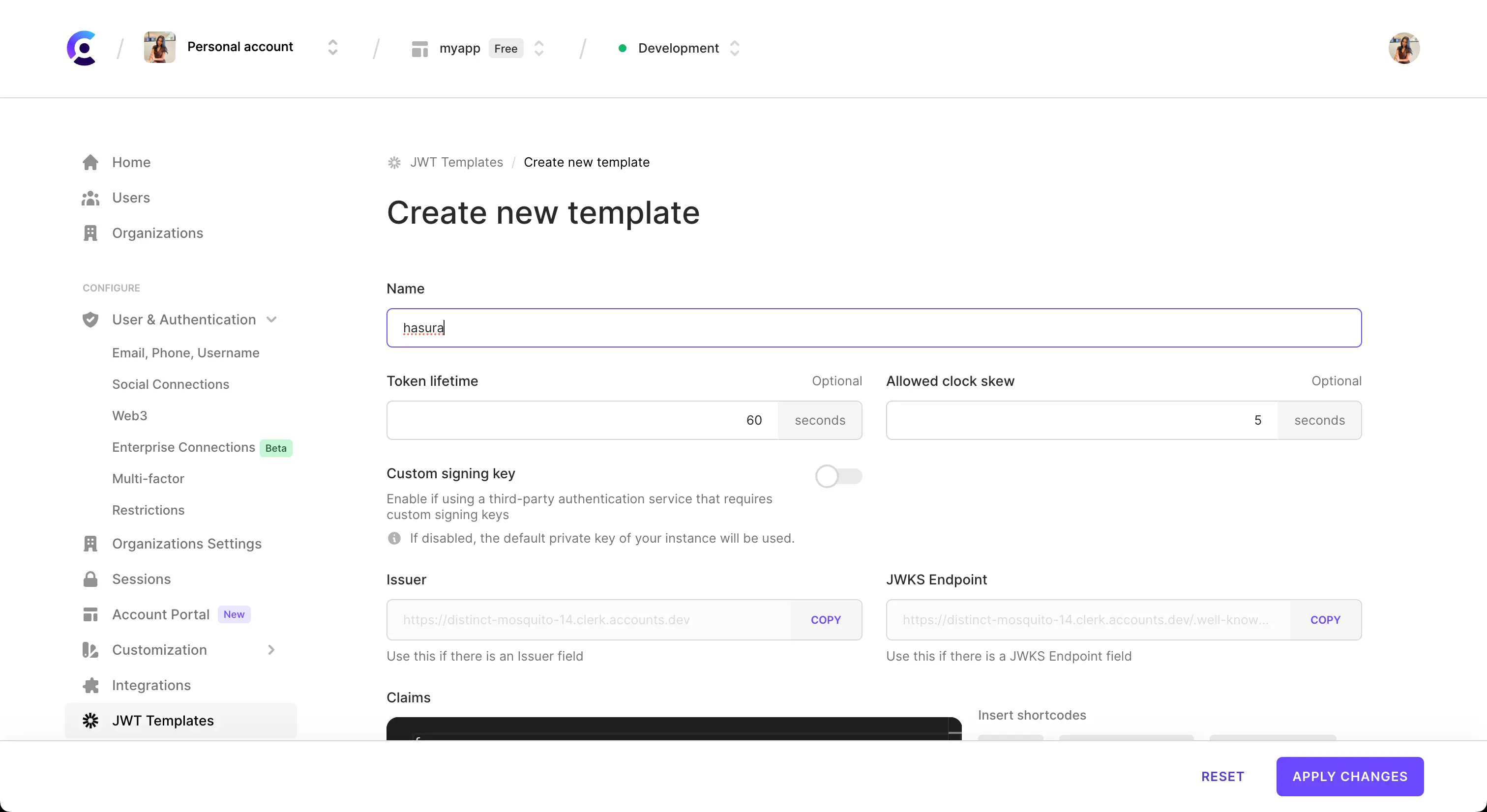 The 'Create new template' page of the JWT templates page in the Browser Dashboard