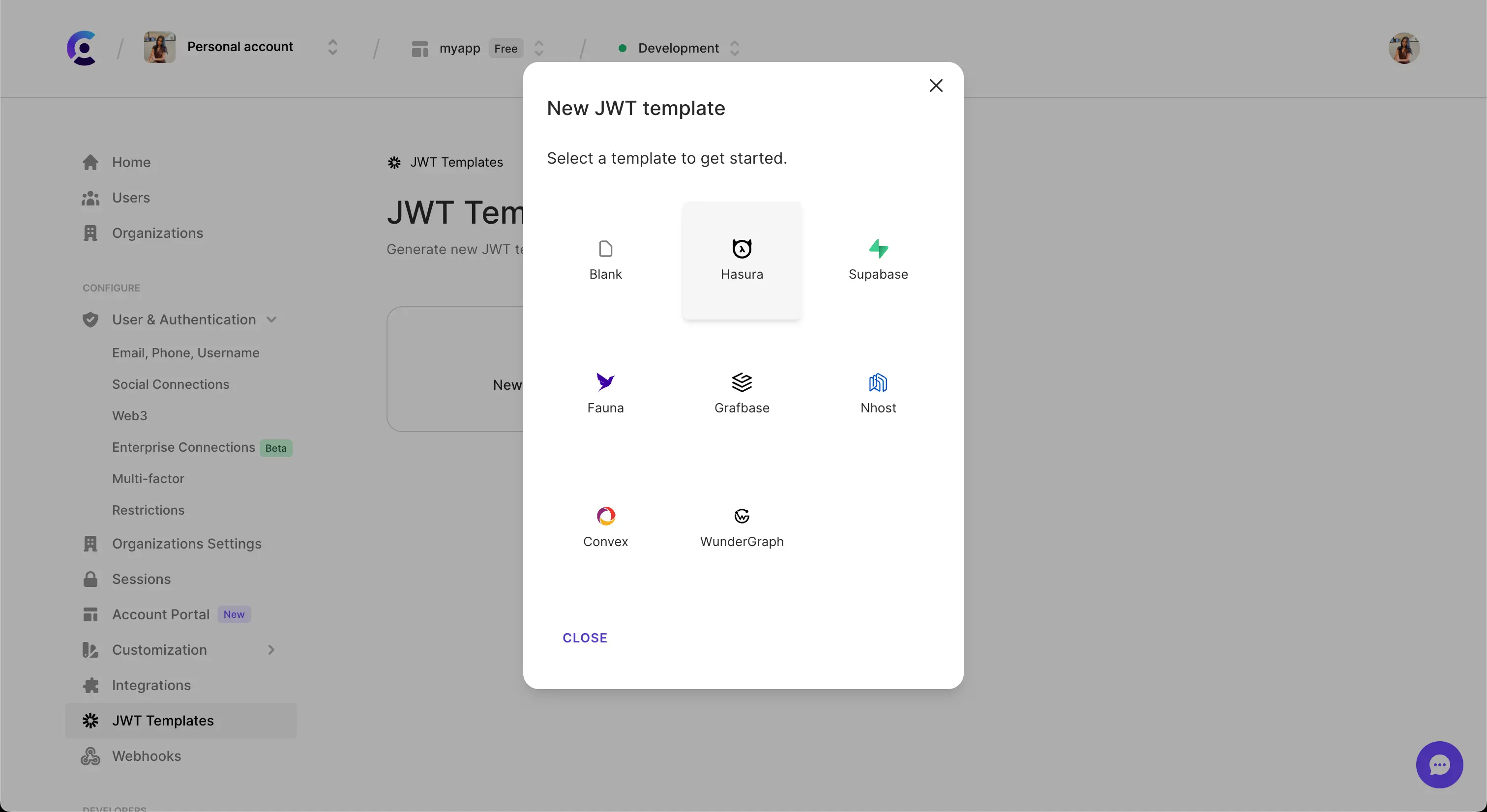 The JWT templates page in the Browser Dashboard. The 'New template' button was clicked, and a pop up titled 'New JWT template' is shown. The 'Hasura' template is hovered over