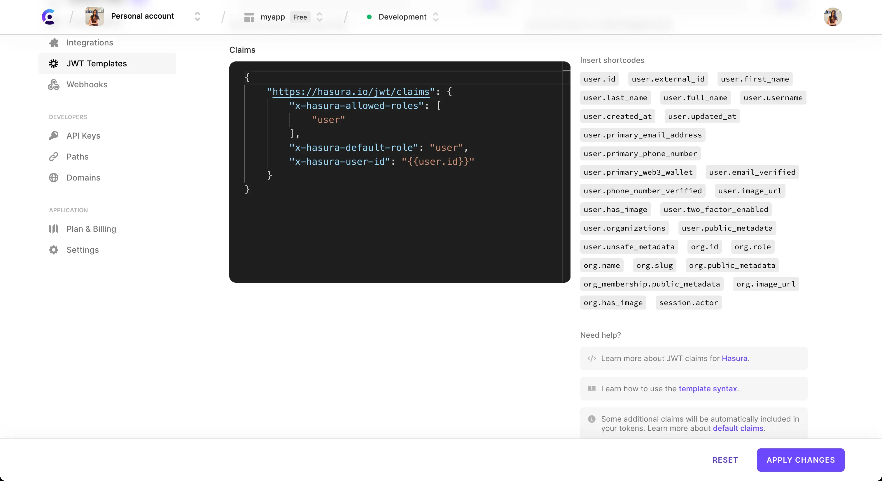The 'Create new template' page of the JWT templates page in the Browser Dashboard. The page is scrolled down to the 'Claims' section