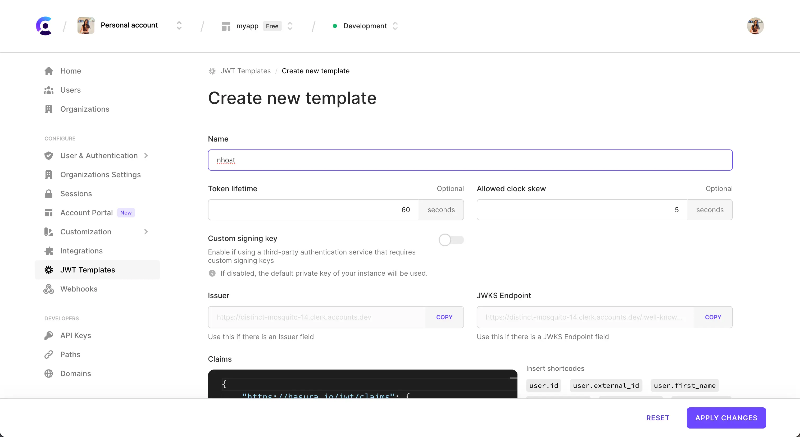 The 'Create new template' page of the JWT templates page in the Browser Dashboard