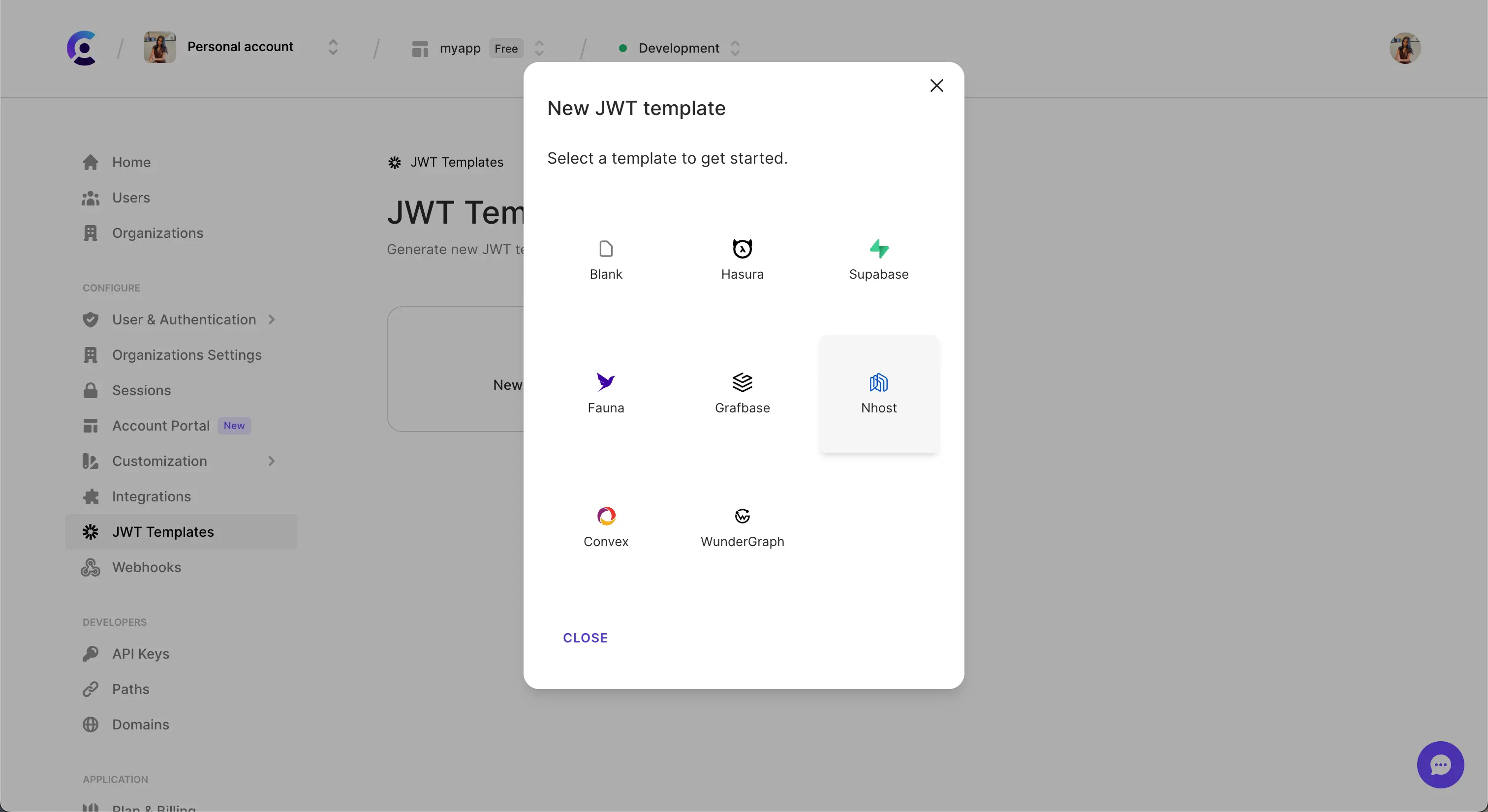 The JWT templates page in the Browser Dashboard. The 'New template' button was clicked, and a pop up titled 'New JWT template' is shown. The 'Nhost' template is hovered over