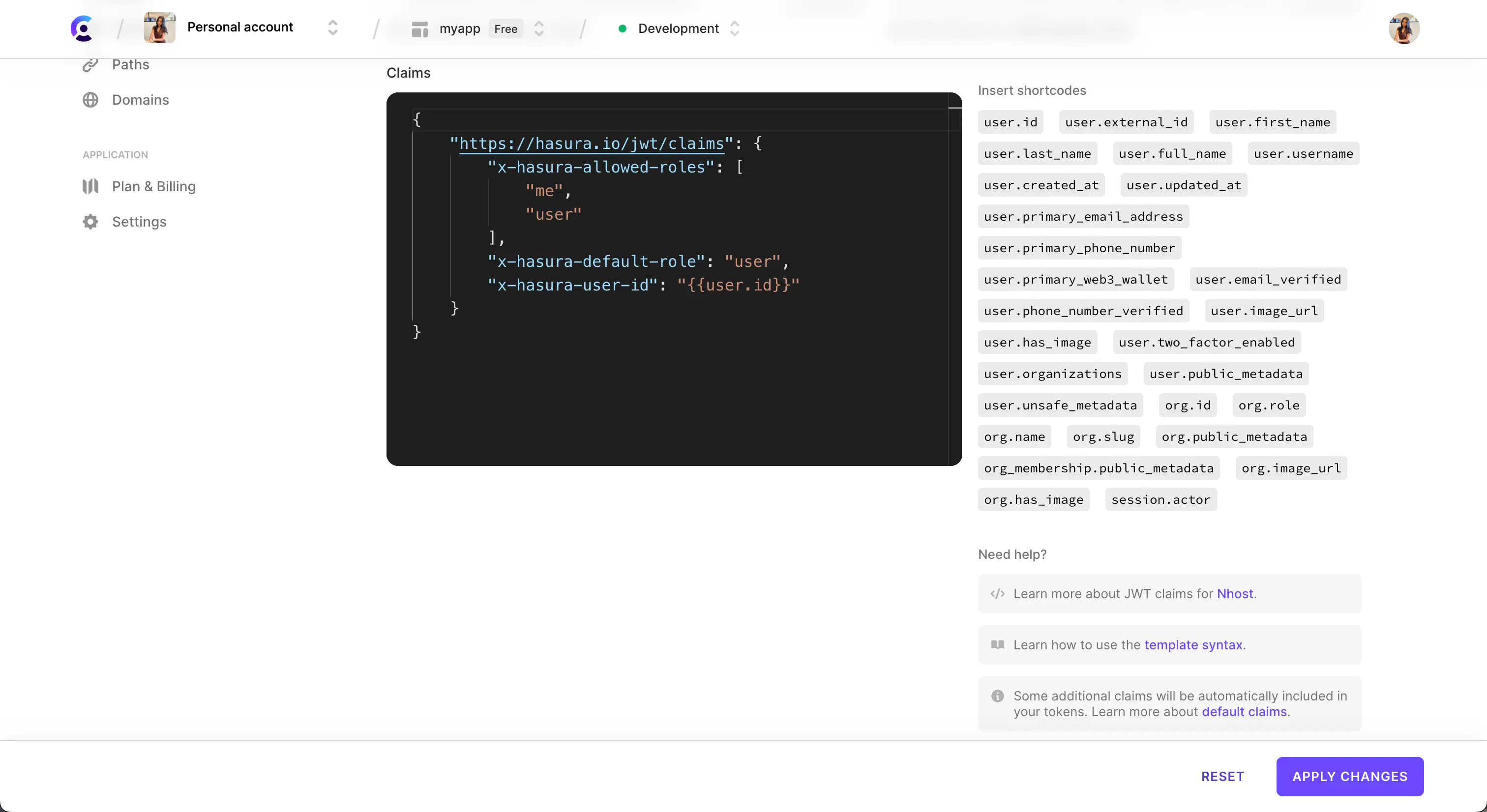 The 'Create new template' page of the JWT templates page in the Browser Dashboard. The page is scrolled down to the 'Claims' section