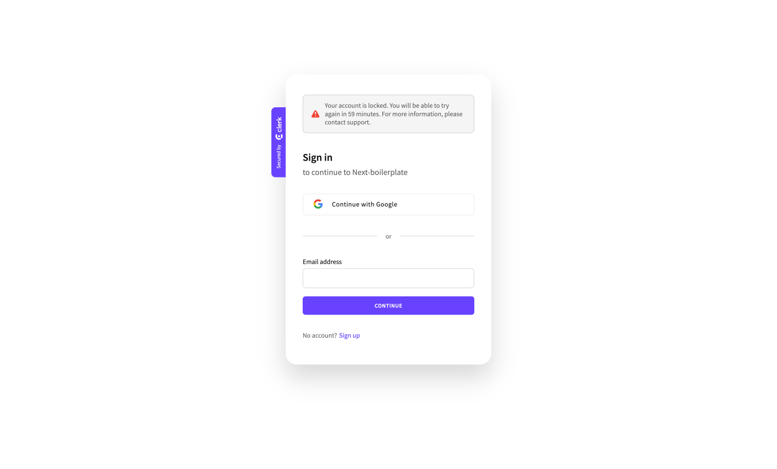The Browser component sign-in form with a red alert stating 'Your account is locked. You will be able to try again in 59 minutes. For more information, contact support.'