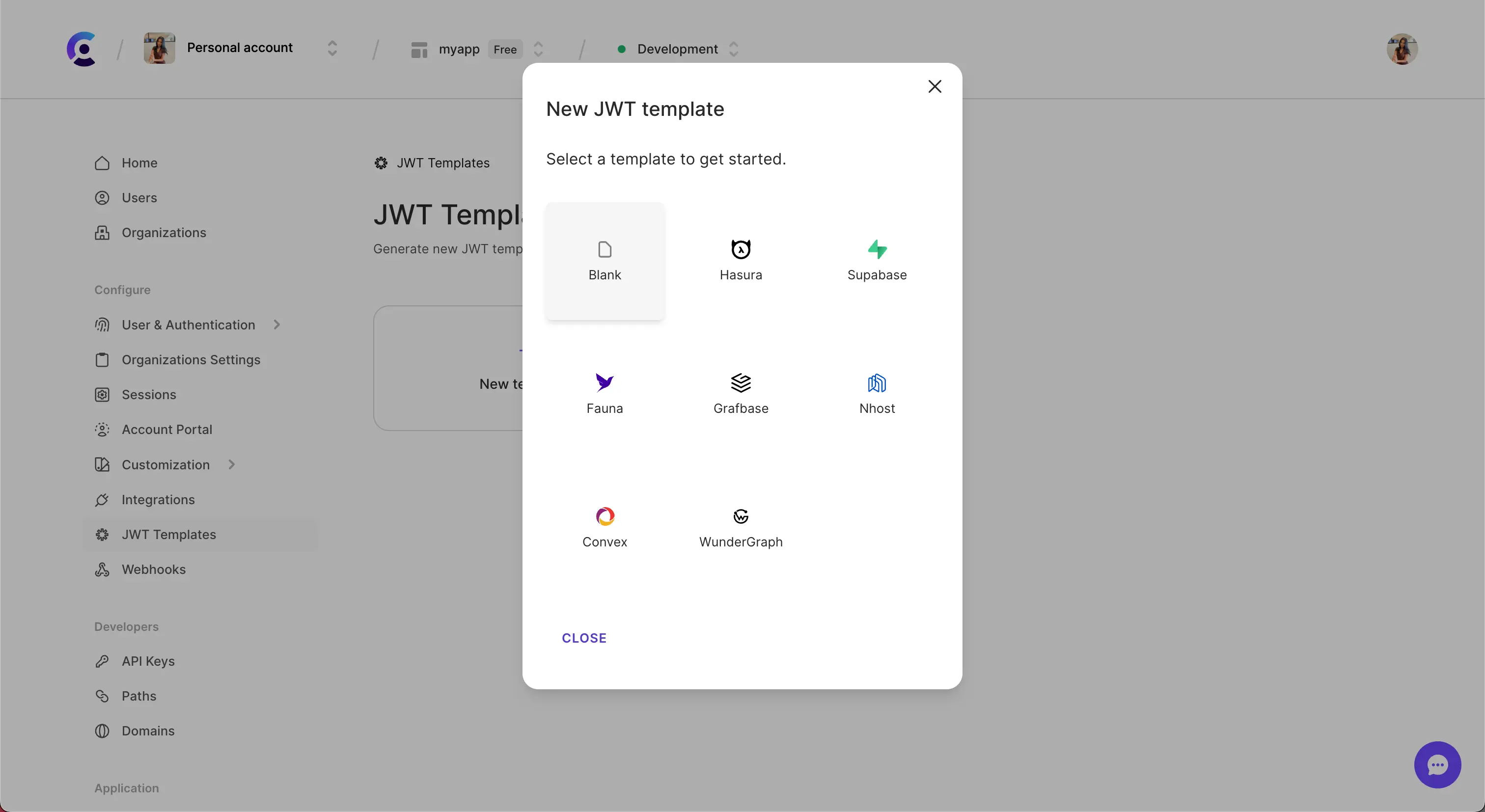 The JWT templates page in the Browser Dashboard. The 'New template' button was clicked, in the modal that opened, the 'Blank' template is hovered over