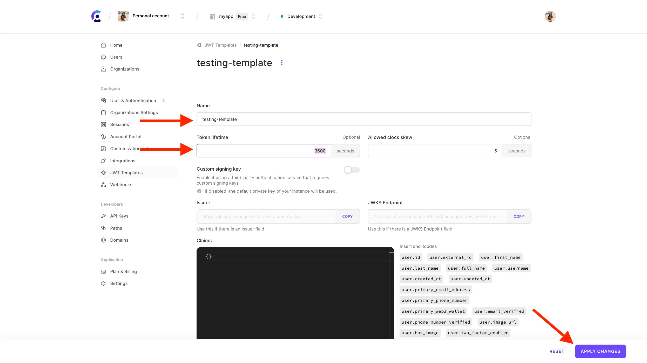 Creating a JWT template in the Browser Dashboard